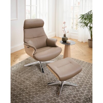 Relaxsessel Avina - Drehbar inkl. Rücken und Kopfteilverstellung, Leder, Taupe, Holzschale Eiche unbehandelt