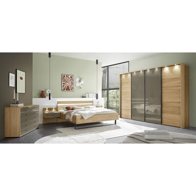 Schwebetürenschrank Lenoso - B. ca. 340 cm, Eiche massiv, Glas, Graubraun