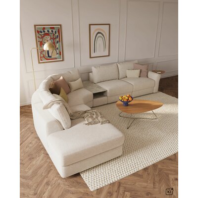 Ecksofa Almeria - Rundecke und Abschlussteil mit 2-Sitzer rechts inkl. Zwischenelement, Stoff, Offwhite