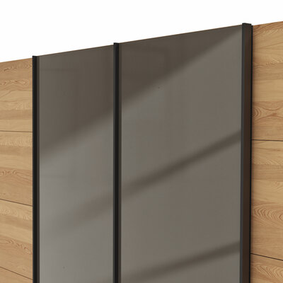 Schwebetürenschrank Lenoso - B. ca. 330 cm, Eiche massiv, Glas, Graubraun
