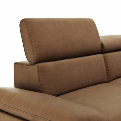 Ecksofa Felipa - 2,5-Sitzer mit Longchair rechts inkl. Kopfteil verstellbar, Leder, Cognac