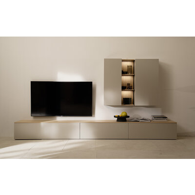 Wohnwand Venzone - B ca. 360 cm, Lack, Hellgrau, Laminat Eiche Optik