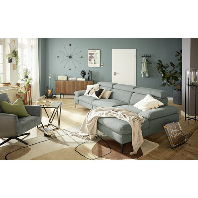 Ecksofa Felipa - 3-Sitzer mit Longchair rechts inkl. Relaxfunktion (motorisch), Armlehne und Kopfteil verstellbar, Stoff, Graugrün