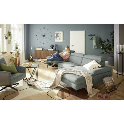 Ecksofa Felipa - 3-Sitzer mit Longchair rechts inkl. Relaxfunktion (motorisch), Armlehne und Kopfteil verstellbar, Stoff, Graugrün