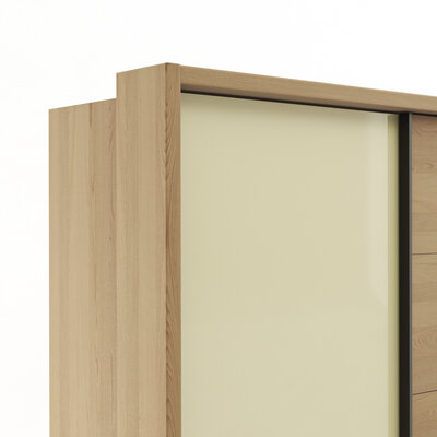 Schwebetürenschrank Lenoso - B. ca. 310 cm, Eiche massiv, Glas, Champagner