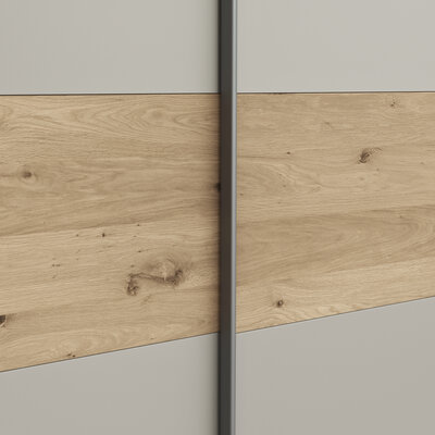 Schwebetürenschrank Viana - B ca. 338 cm, Furnier, Balkeneiche, Hellgrau