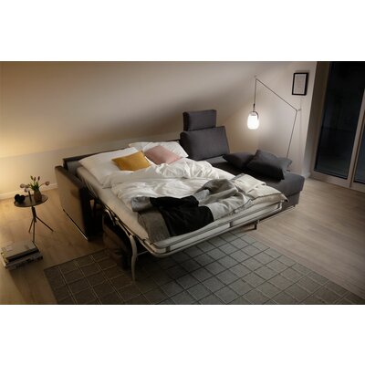Ecksofa Nuoro - 2-Sitzer mit Longchair rechts inkl. Schlaffunktion und Bettkasten, Stoff, Grau