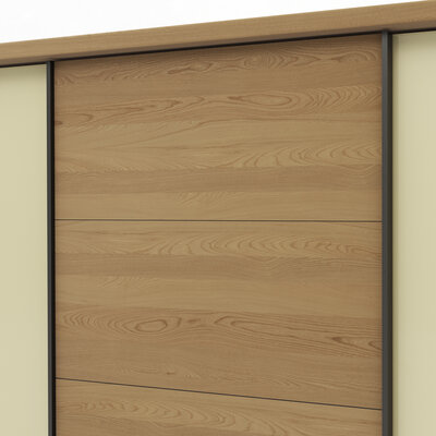 Schwebetürenschrank Lenoso - B. ca. 310 cm, Eiche massiv, Glas, Champagner