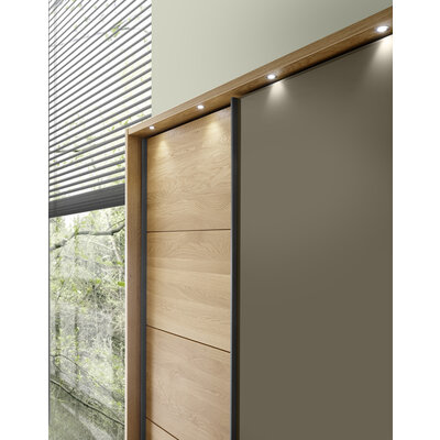Schwebetürenschrank Lenoso - B. ca. 340 cm, Eiche massiv, Glas, Graubraun
