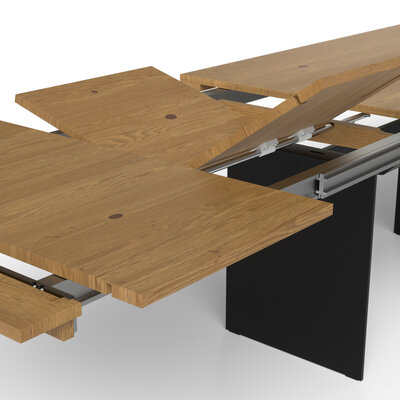Esstisch 3110 - LB ca. 220x100 cm, ausziehbar,  Asteiche massiv, Geölt, Wange Rohstahl, Schwarz