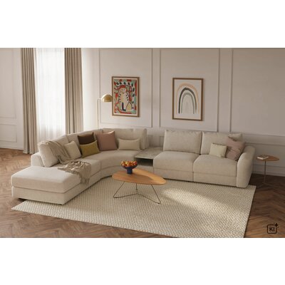 Ecksofa Almeria - Rundecke und Abschlussteil mit 2-Sitzer rechts inkl. Zwischenelement, Stoff, Offwhite