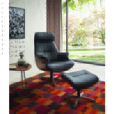 Relaxsessel Avina - Drehbar inkl. Rücken und Kopfteilverstellung, Leder, Schwarz, Holzschale Nußbaum