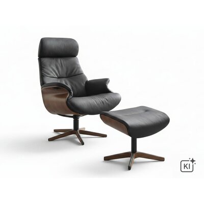Relaxsessel Avina - Drehbar inkl. Rücken und Kopfteilverstellung, Leder, Schwarz, Holzschale Nußbaum