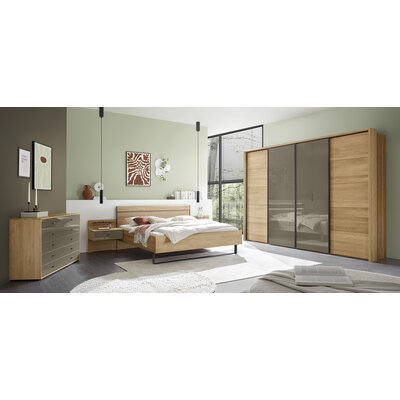 Schwebetürenschrank Lenoso - B. ca. 330 cm, Eiche massiv, Glas, Graubraun