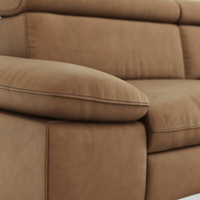 Ecksofa Felipa - 2,5-Sitzer mit Longchair rechts inkl. Kopfteil verstellbar, Leder, Cognac