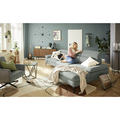 Ecksofa Felipa - 3-Sitzer mit Longchair rechts inkl. Relaxfunktion (motorisch), Armlehne und Kopfteil verstellbar, Stoff, Graugrün