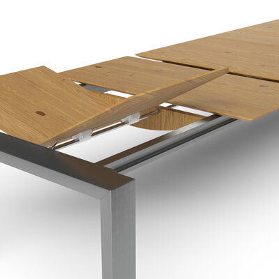 Esstisch 3400 - LB ca. 220x100 cm, ausziehbar, Asteiche massiv, Fuß Edelstahl