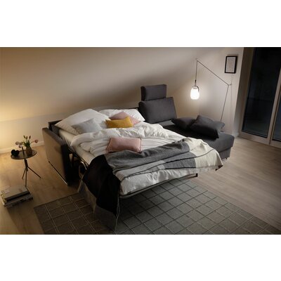 Ecksofa Nuoro - 2-Sitzer mit Longchair rechts inkl. Schlaffunktion und Bettkasten, Stoff, Grau