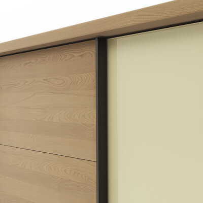 Schwebetürenschrank Lenoso - B. ca. 310 cm, Eiche massiv, Glas, Champagner