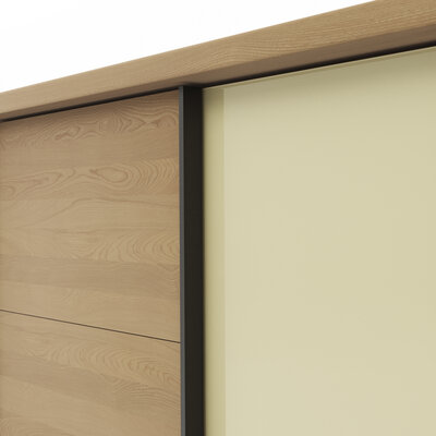 Schwebetürenschrank Lenoso -  B. ca. 260 cm, Eiche massiv, Glas, Champagner