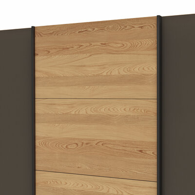 Schwebetürenschrank Lenoso - B. ca. 250 cm, Eiche massiv, Glas Dunkelbraun