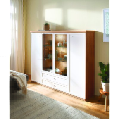 Highboard Monda - inkl. Beleuchtung, Lack Weiss, Eiche furniert