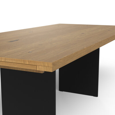 Esstisch 3110 - LB ca. 220x100 cm, ausziehbar,  Asteiche massiv, Geölt, Wange Rohstahl, Schwarz