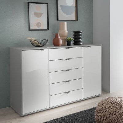 Kommode Marbella - Lack, Grau, Glas, Weiß