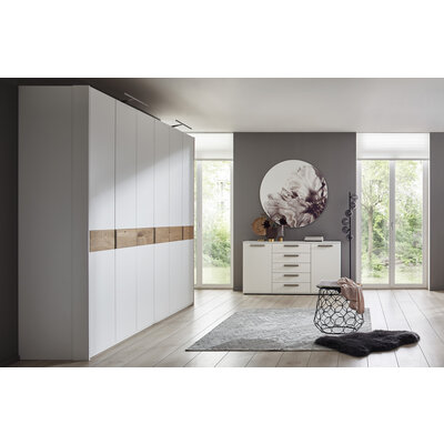 Drehtürenschrank Viana - B ca. 303 cm, Lack, Weiß, Riffholz, Wildeiche