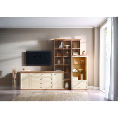 Wohnwand Monda - Lack, hellbeige, Eiche furniert